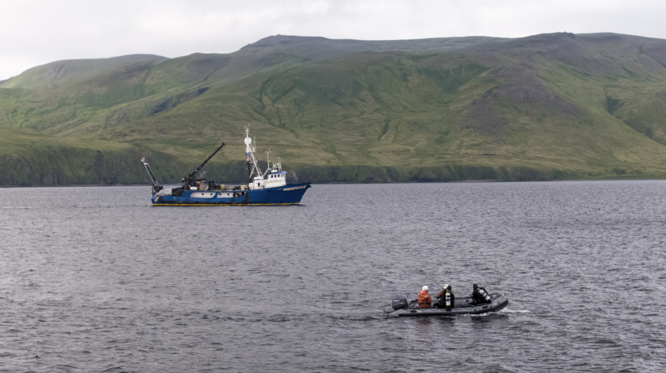 Two expedition boats in Kiska, Alaska studying historic World War 2 battlefields